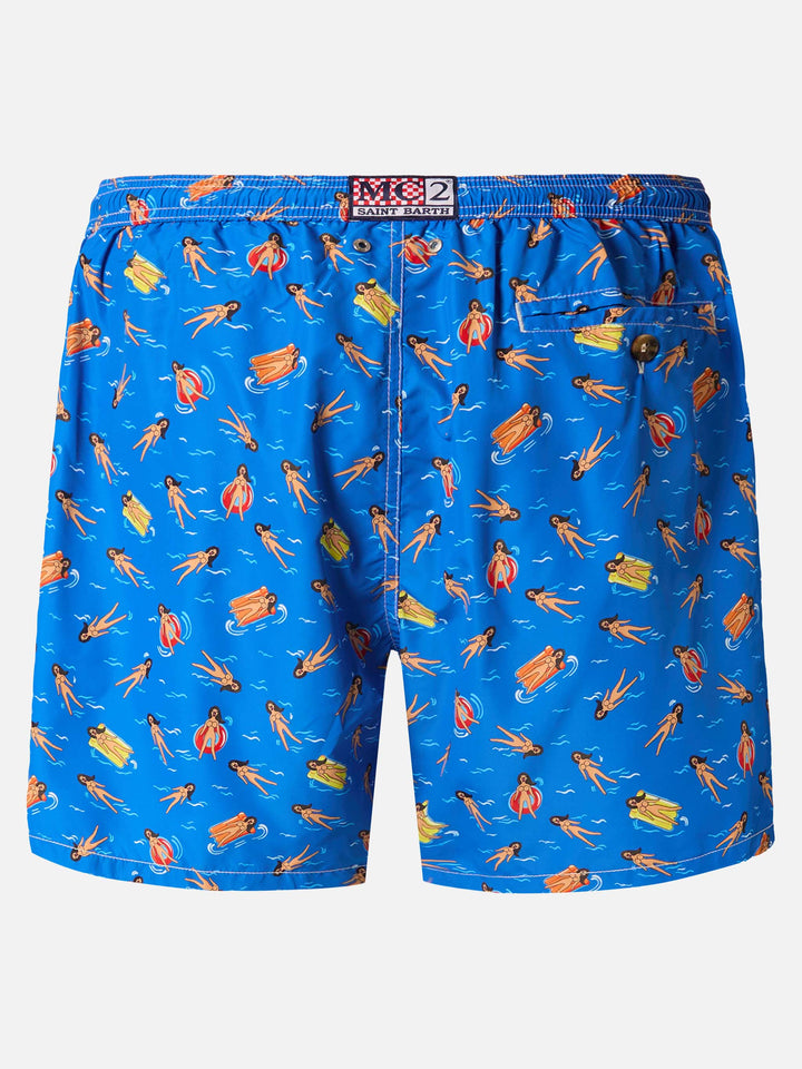 Lightweight fabric swim shorts Lighting with fun doll print
