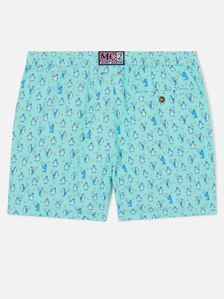 Lighting Micro Fantasy swim shorts in technical fabric with penguin pattern in blue and multicolor