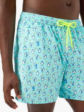 Lighting Micro Fantasy swim shorts in technical fabric with penguin pattern in blue and multicolor
