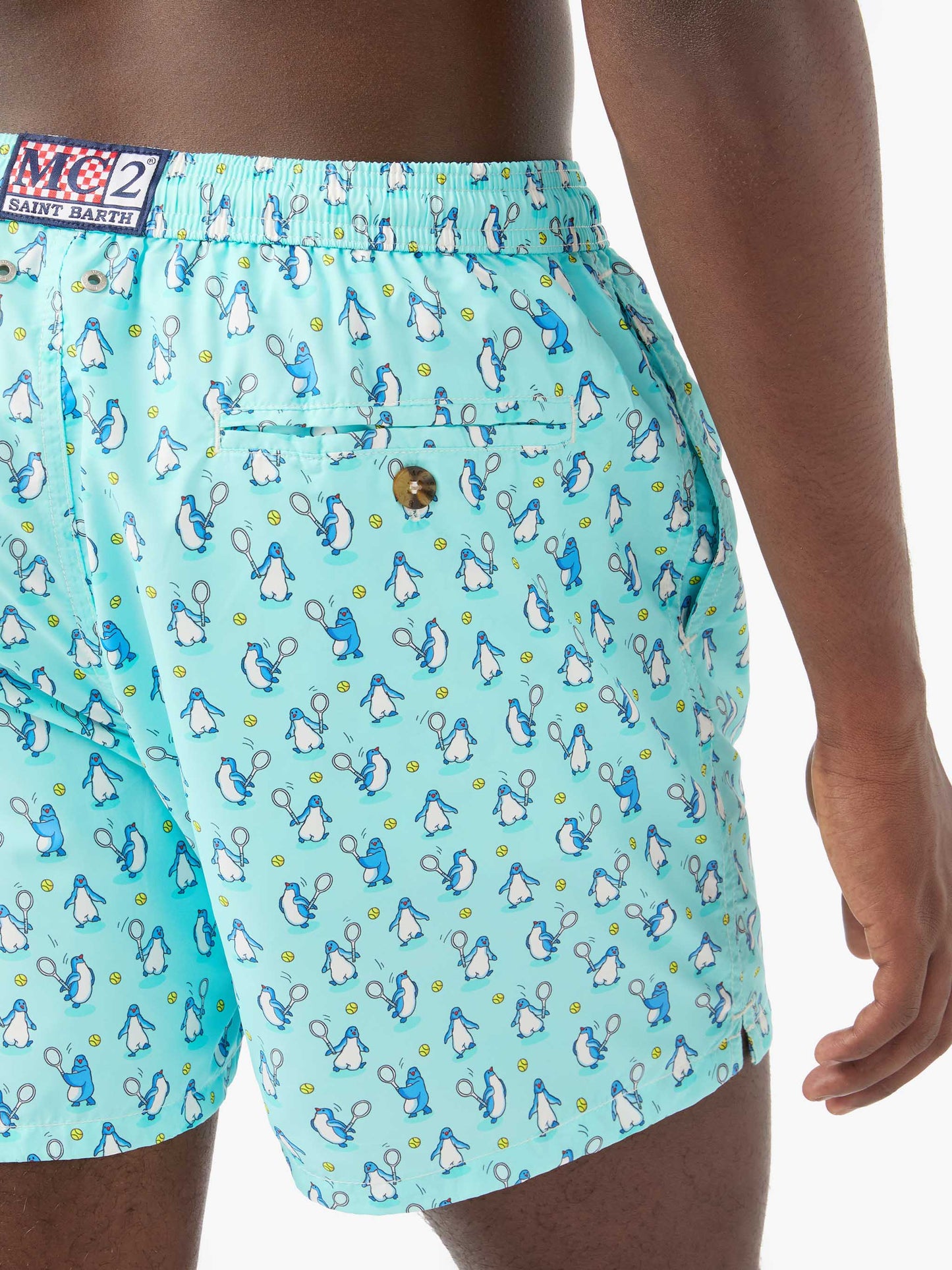 Lighting Micro Fantasy swim shorts in technical fabric with penguin pattern in blue and multicolor