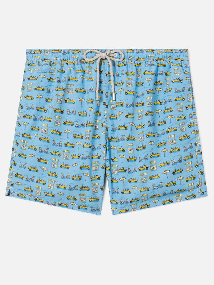 Light blue Lighting Micro swim shorts with road to Formentera all-over print