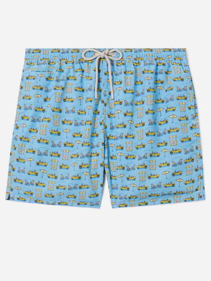 Light blue Lighting Micro swim shorts with road to Formentera all-over print