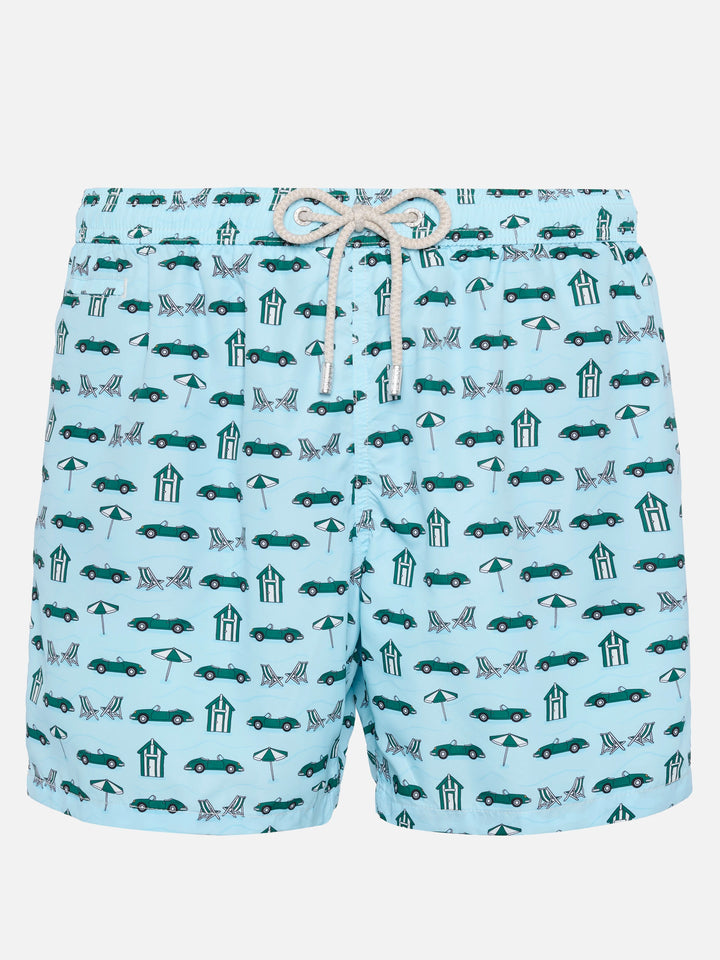Lightweight fabric swim shorts Lighting with cars and beach cabana print