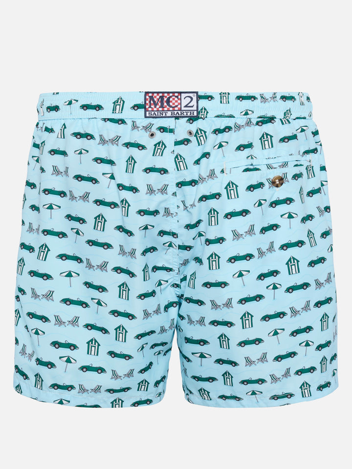 Lightweight fabric swim shorts Lighting with cars and beach cabana print