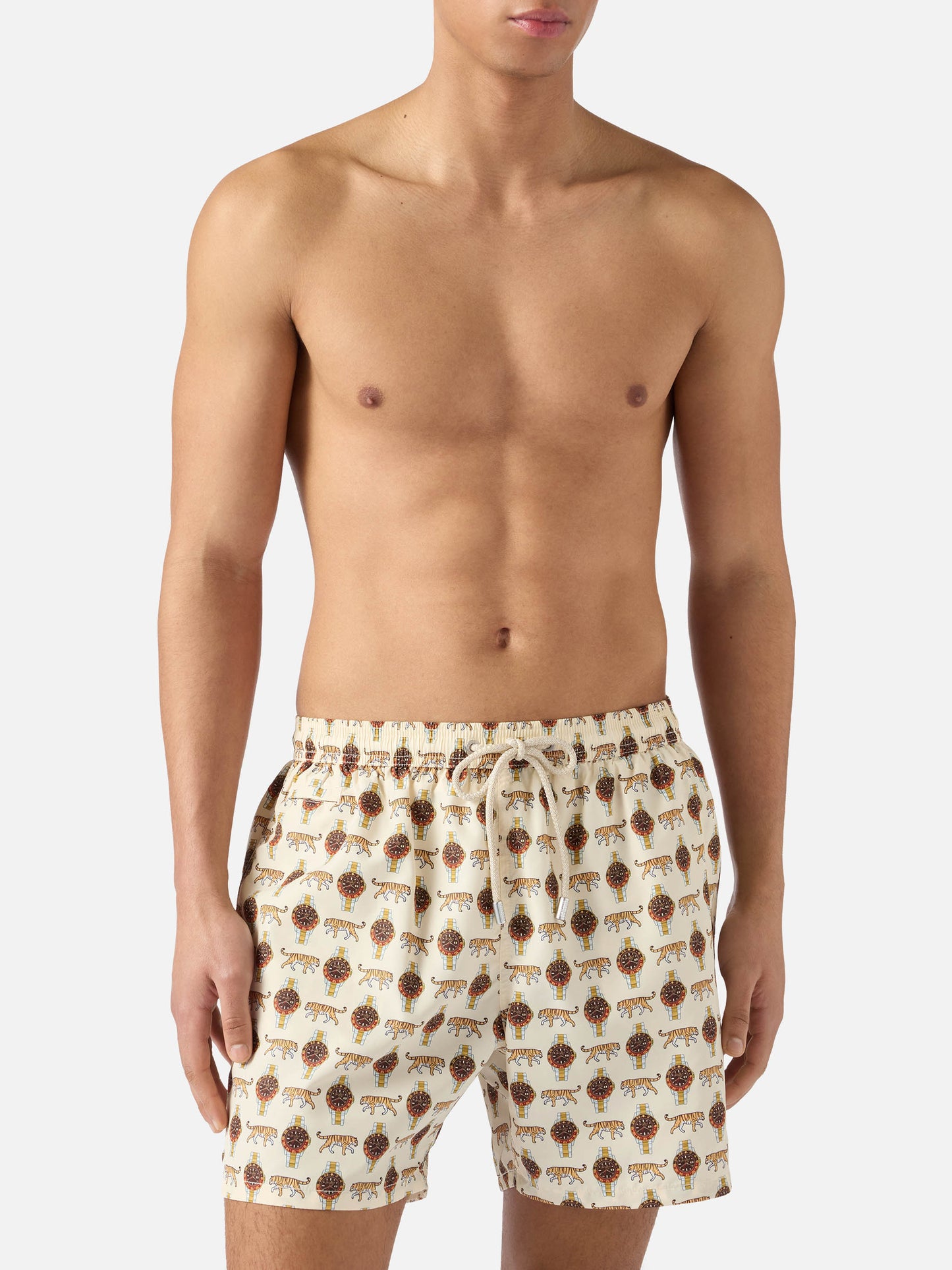 Short de bain Micro Lighting beige avec imprimé wild watch 