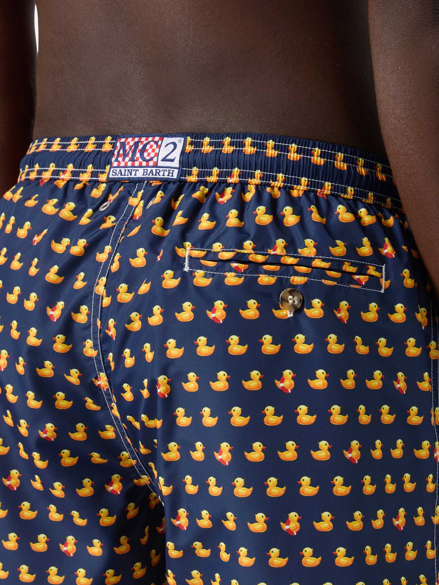 Navy Lighting Micro swim shorts with rubber duck all-over print