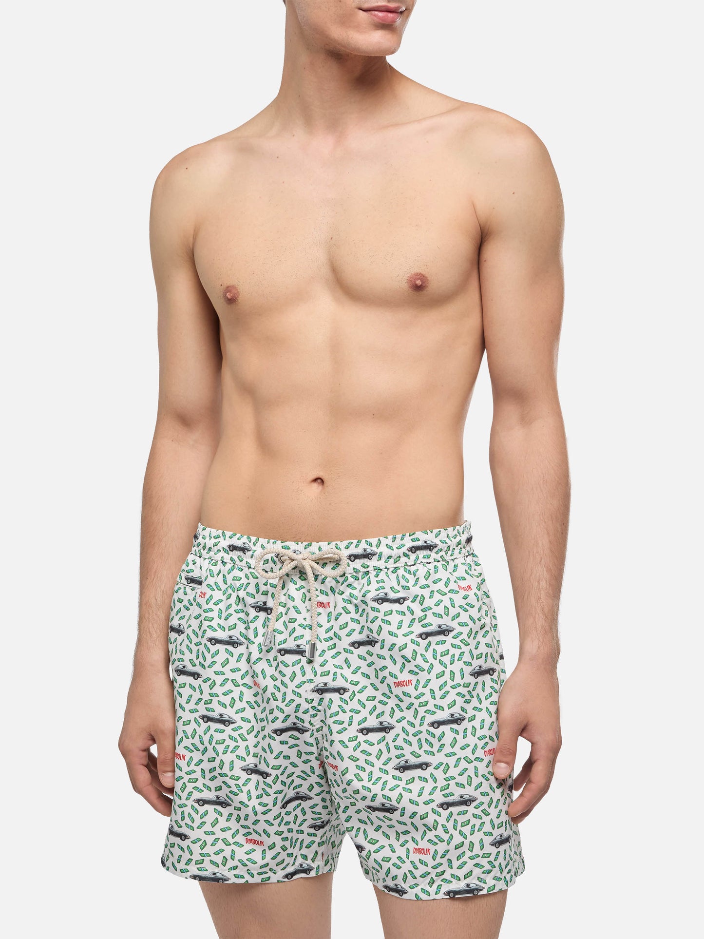 Herren-Badeshorts aus leichtem Stoff mit Auto- und Geldaufdruck | DIABOLIK SONDEREDITION