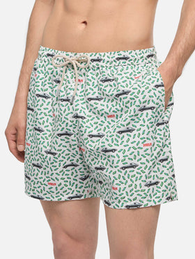 Herren-Badeshorts aus leichtem Stoff mit Auto- und Geldaufdruck | DIABOLIK SONDEREDITION