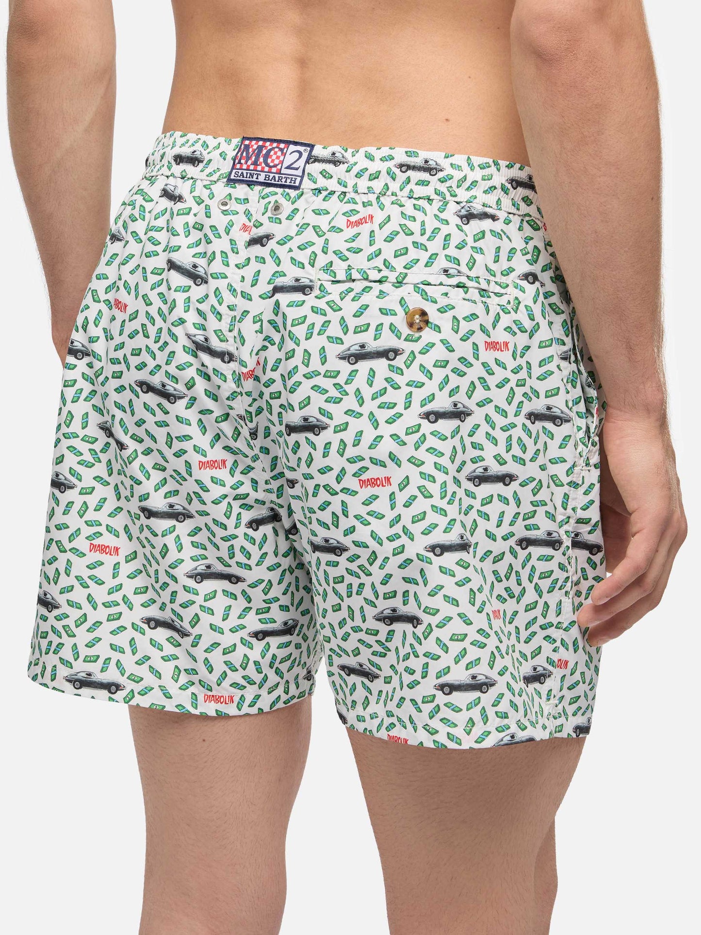 Herren-Badeshorts aus leichtem Stoff mit Auto- und Geldaufdruck | DIABOLIK SONDEREDITION
