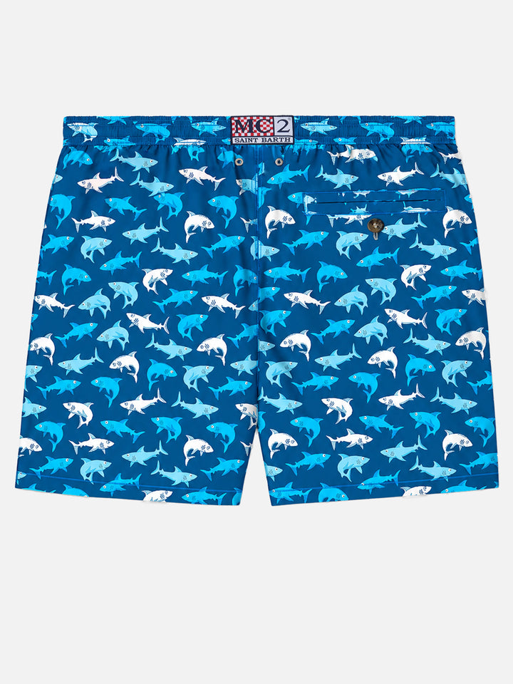 Man light fabric swim shorts with multicolor sharks print