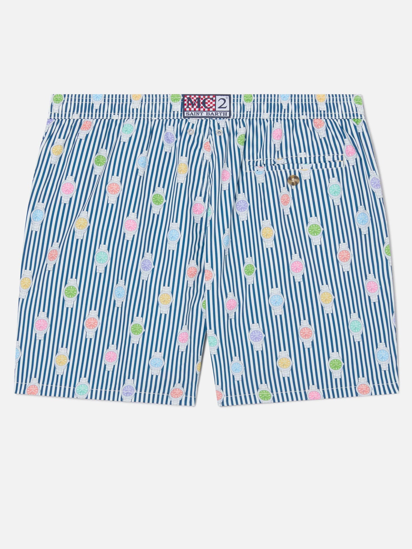 Costume mare Lighting Micro navy a righe con stampa orologi all-over