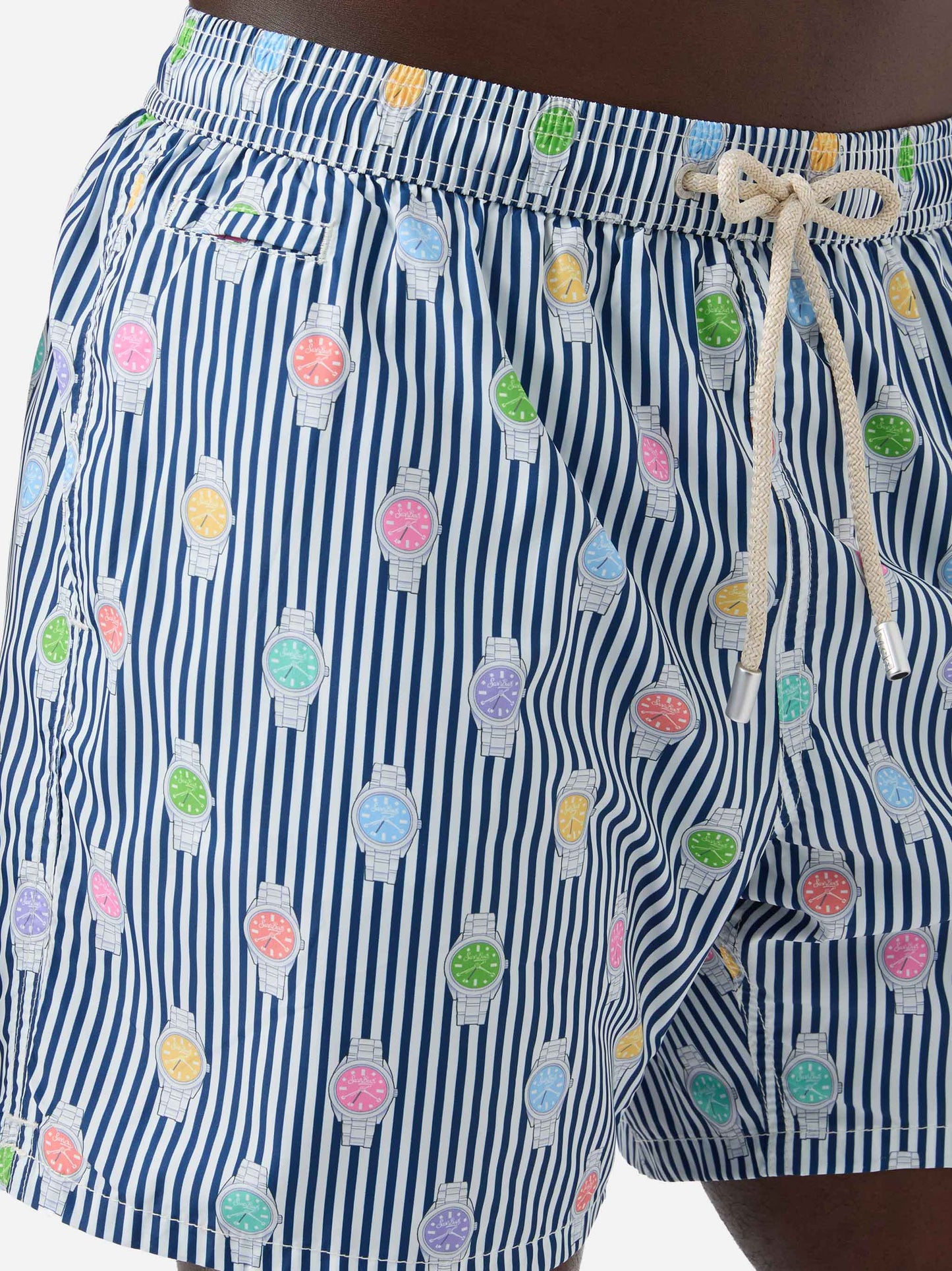 Costume mare Lighting Micro navy a righe con stampa orologi all-over