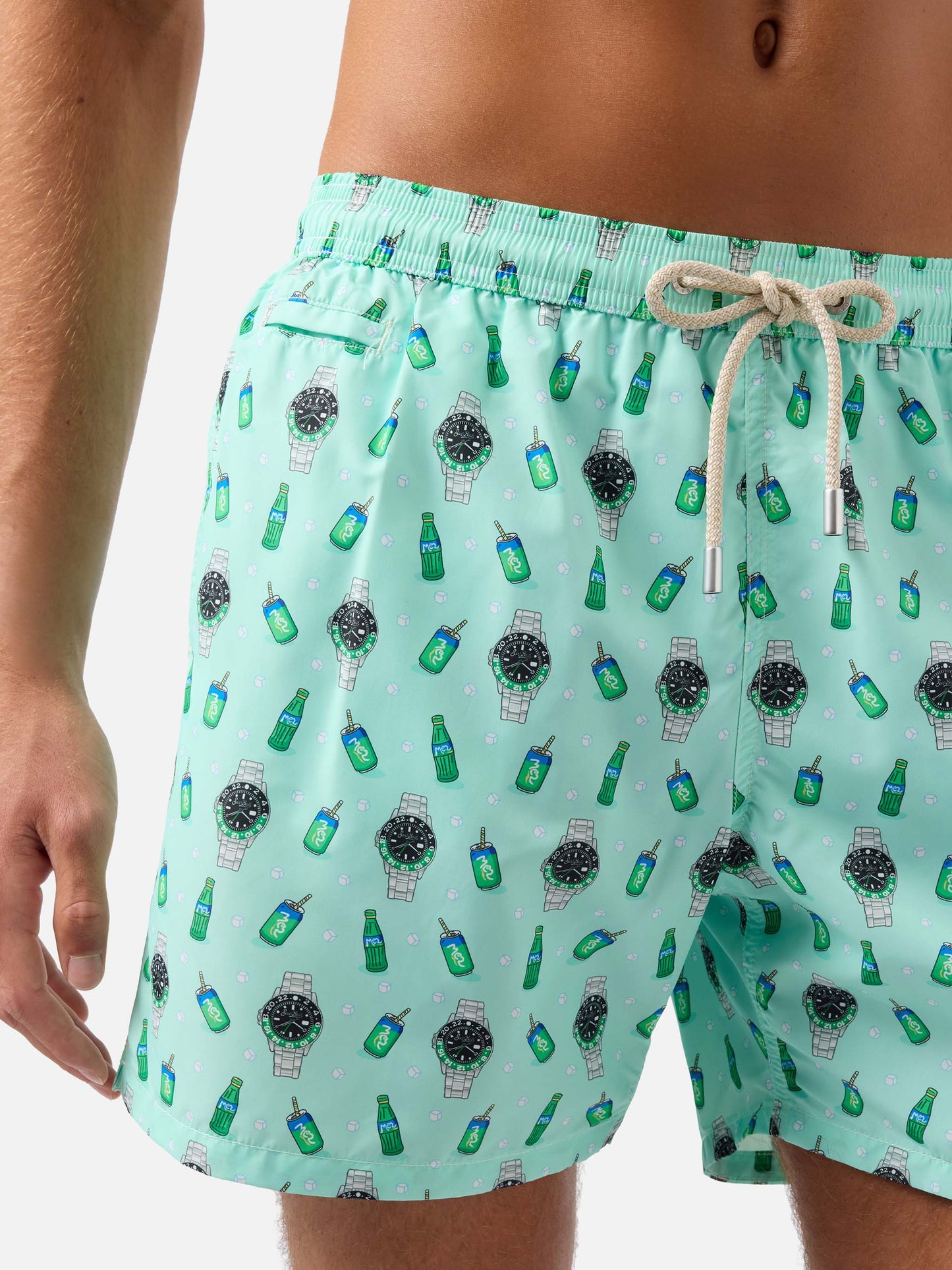 Mintgrüne Lighting Micro-Badeshorts mit Uhrenprint links 