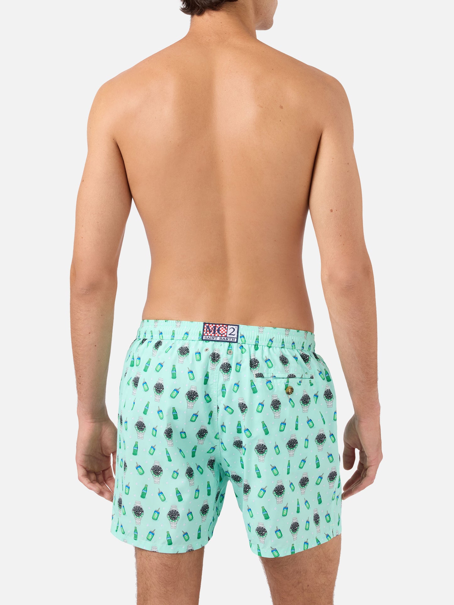 Mintgrüne Lighting Micro-Badeshorts mit Uhrenprint links 