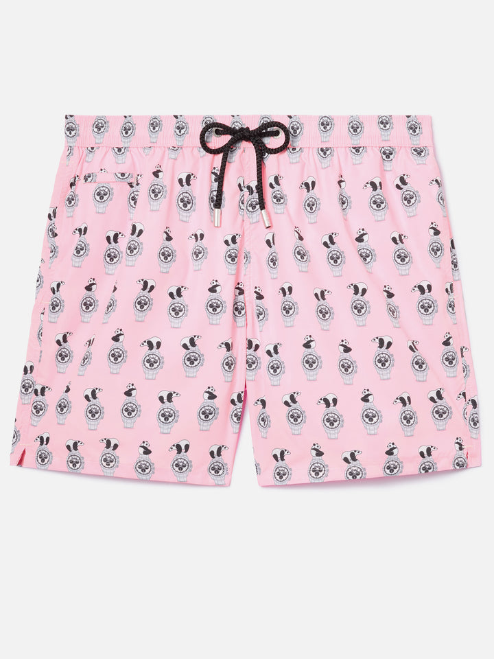 Pink Lighting Micro swim shorts with panda and watches all-over print