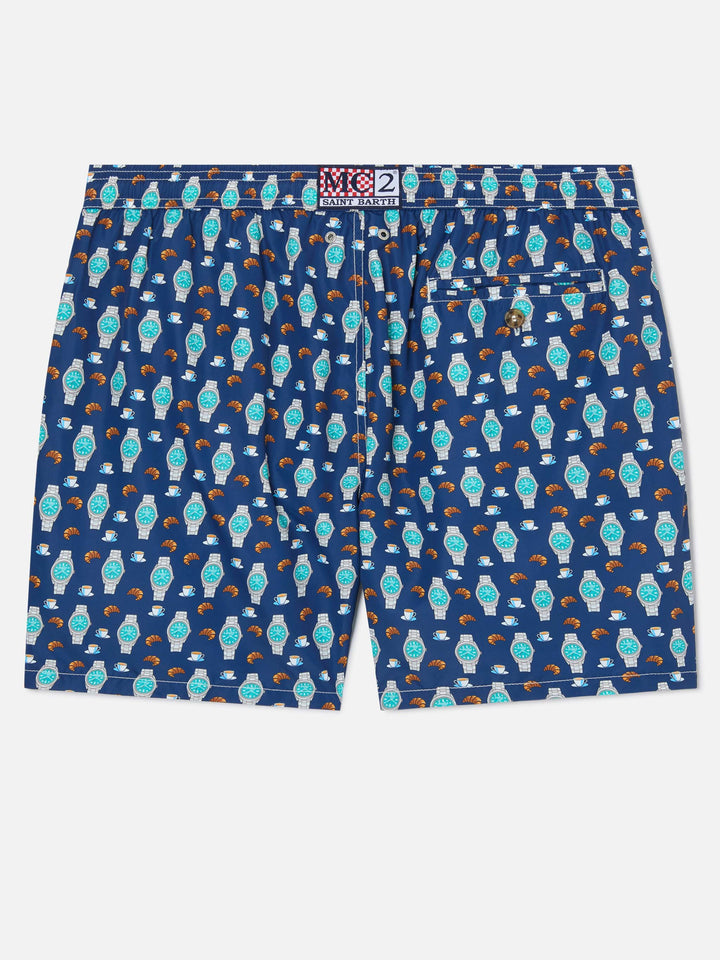 Navy Lighting Micro swim shorts with breakfast watch print
