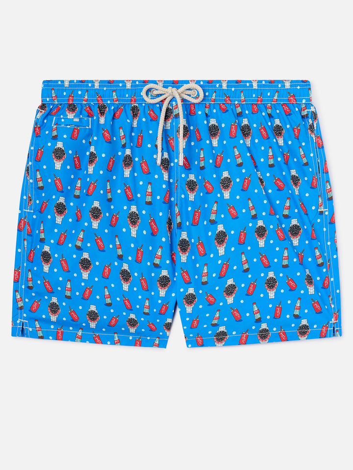 Blue Lighting Micro swim shorts with watch red cola print