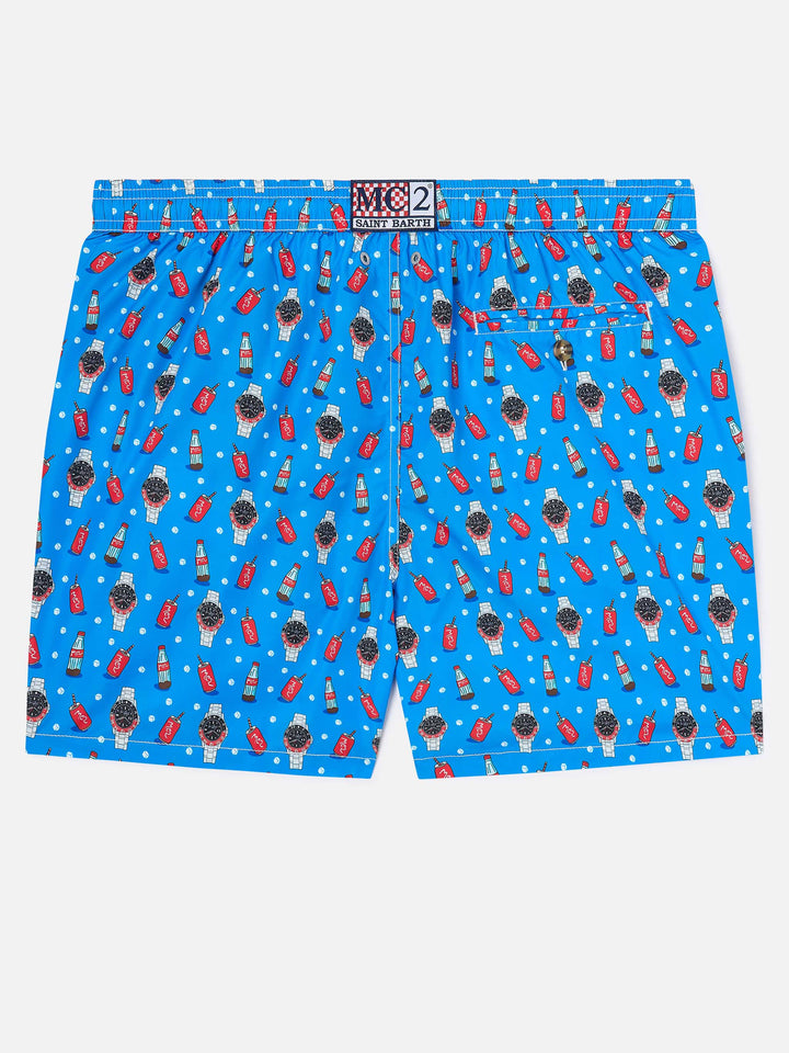 Blue Lighting Micro swim shorts with watch red cola print