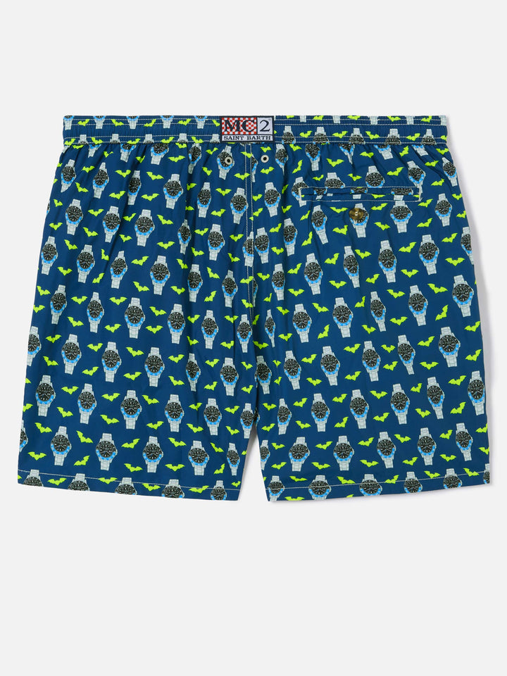 Navy blue Lighting Micro swim shorts with watch bat o'clock print