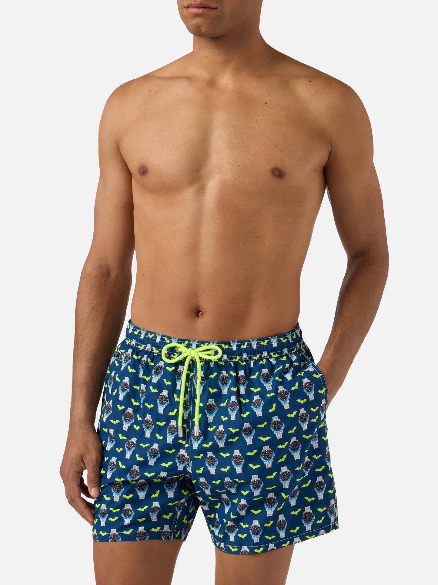 Navy blue Lighting Micro swim shorts with watch bat o'clock print