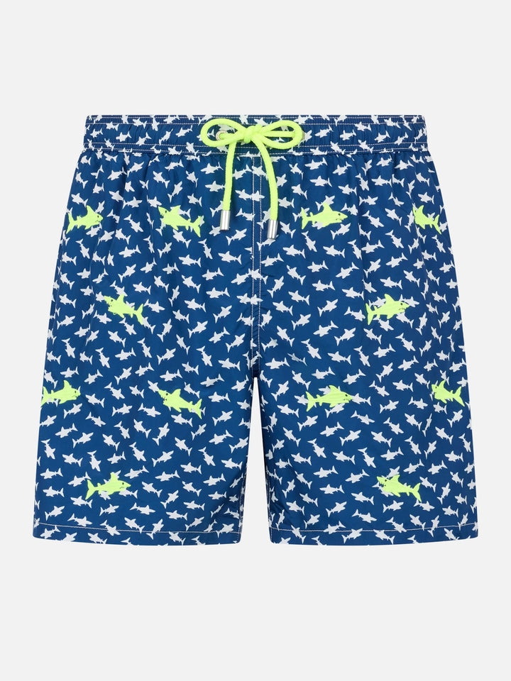 Man lightweight fabric swim-shorts Lighting with sharks embroidery - MC2 Saint Barth