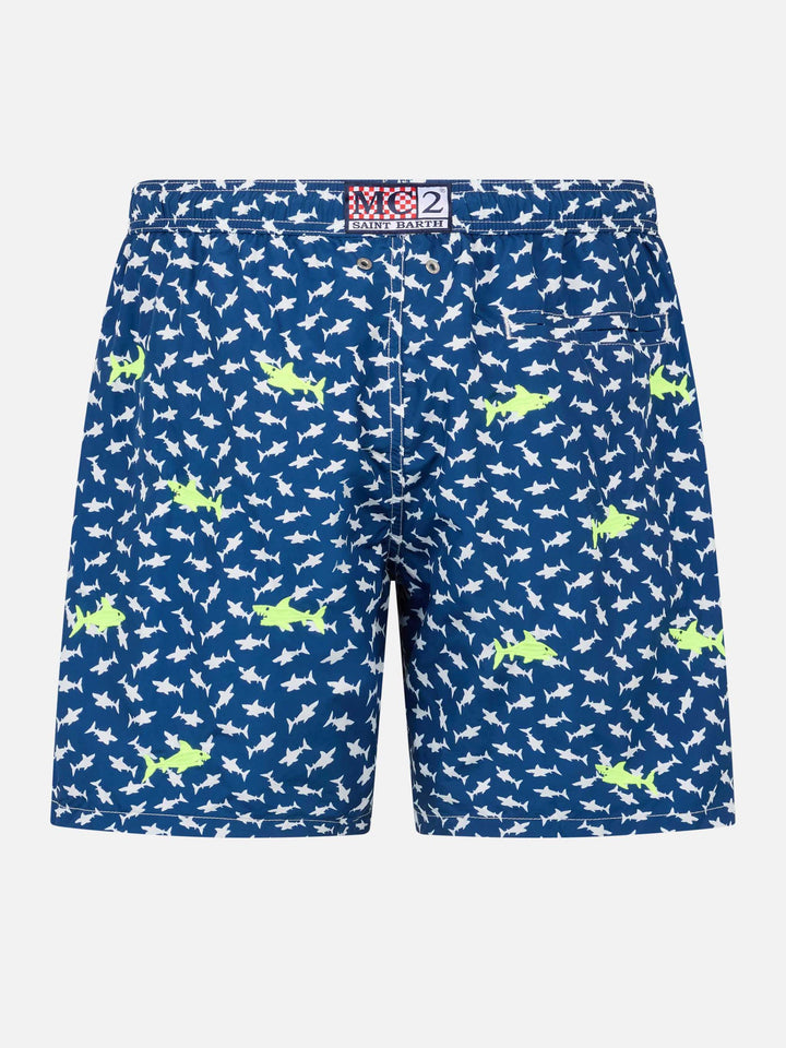 Man lightweight fabric swim-shorts Lighting with sharks embroidery - MC2 Saint Barth