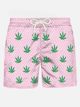 Herren-Badeshorts aus leichtem Stoff mit aufgestickten Blättern