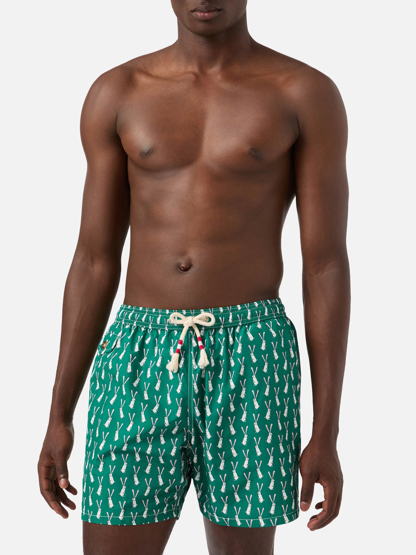 Lighting swim shorts in technical fabric with rabbit pattern in green and multicolor