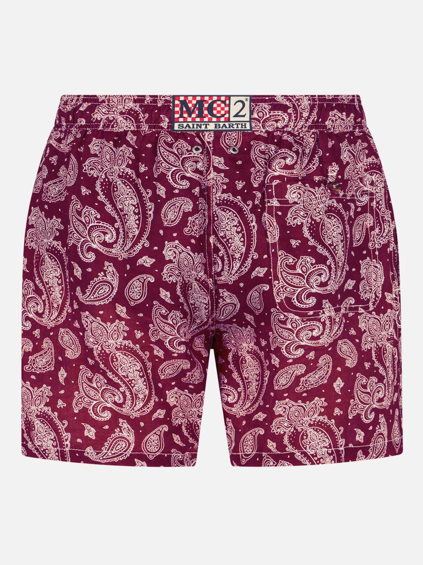 Costume da bagno da uomo in tessuto leggero con stampa paisley bordeaux