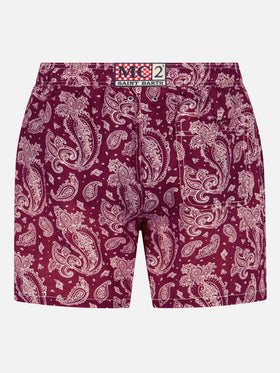 Costume da bagno da uomo in tessuto leggero con stampa paisley bordeaux