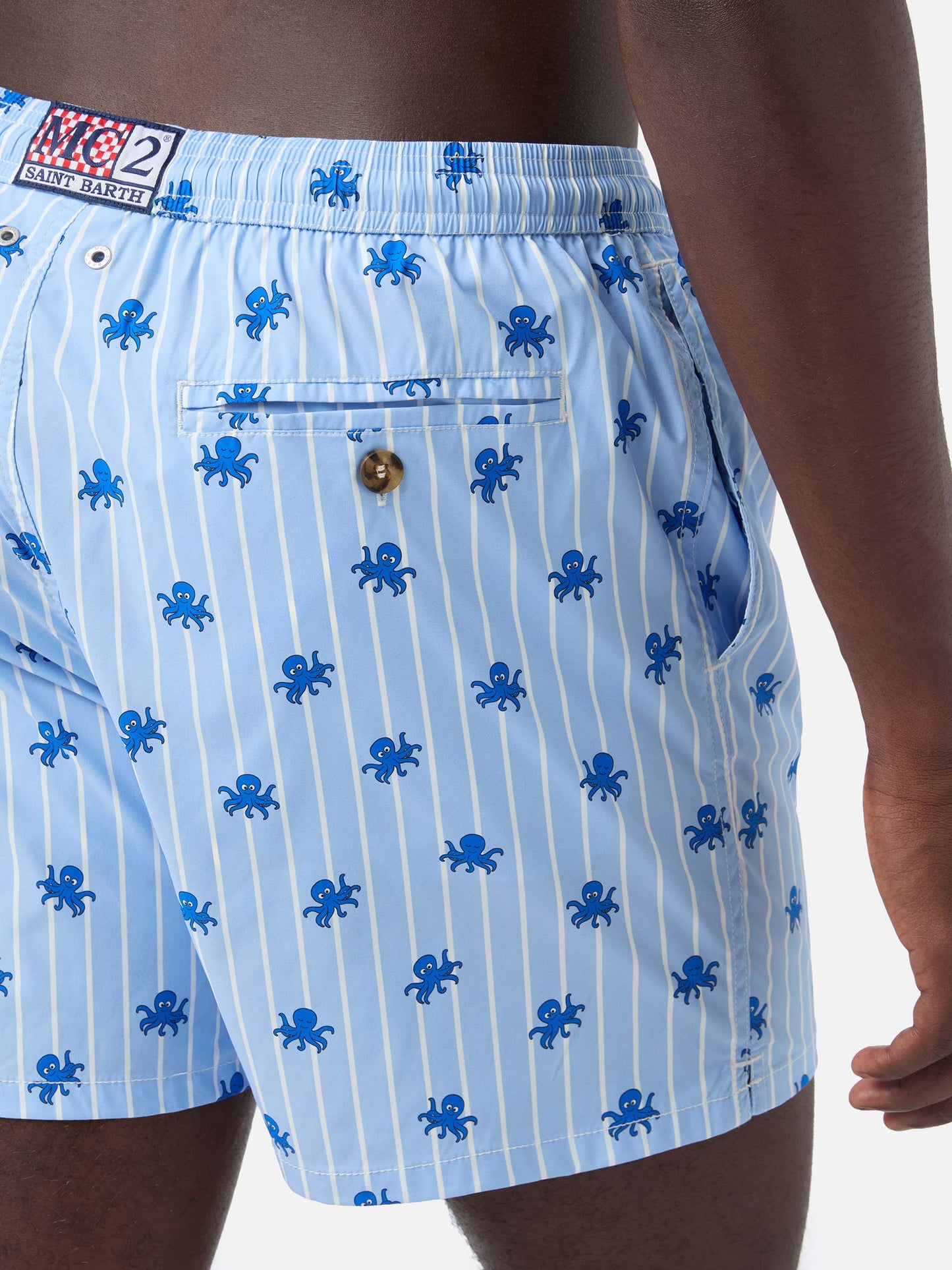 Blue striped Lighting Micro swim shorts with all-over octopus print