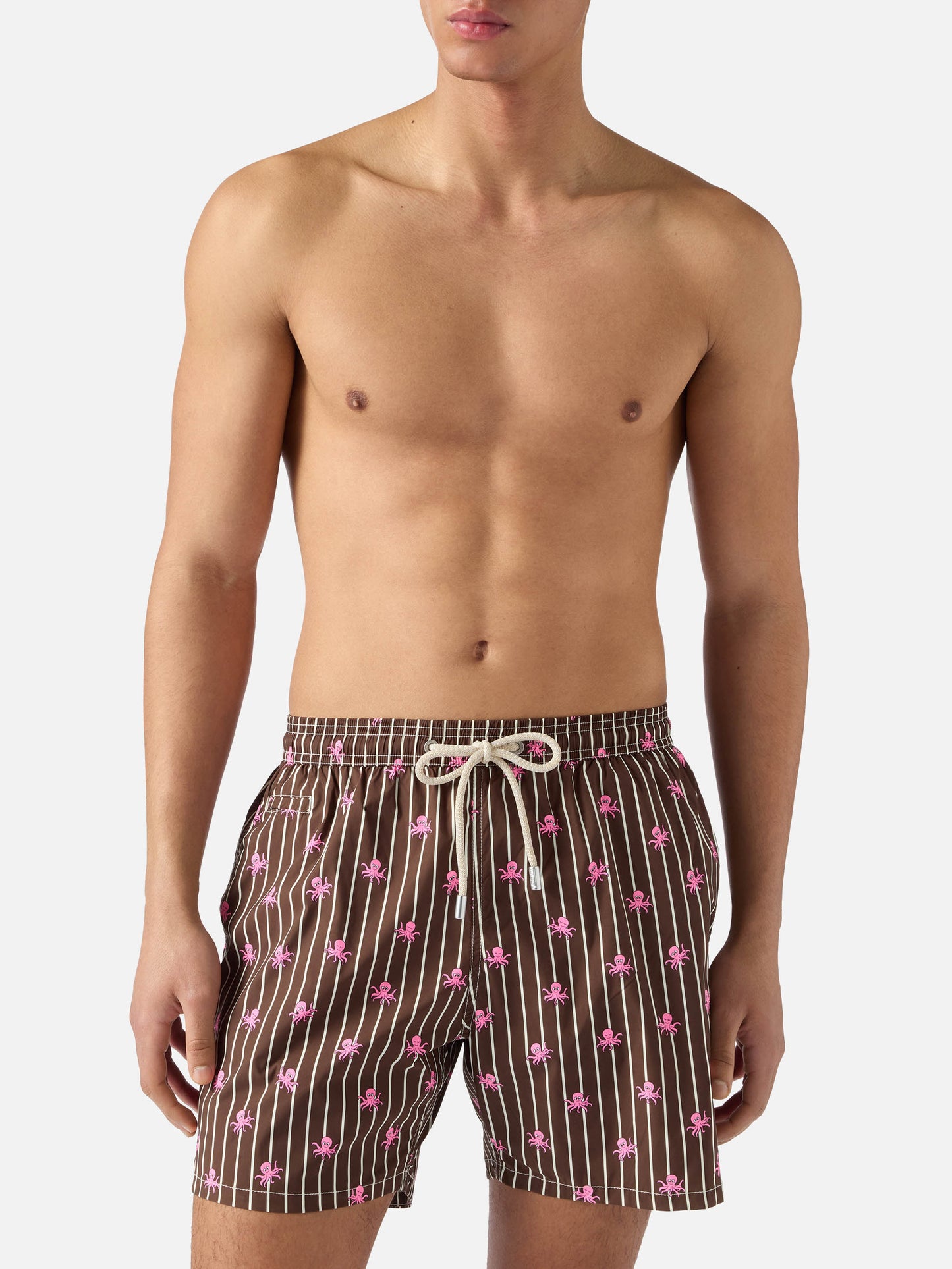 Brown striped Lighting Micro swim shorts with all-over octopus print