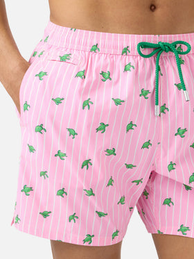 Pink striped Lighting Micro swim shorts with all-over turtle print