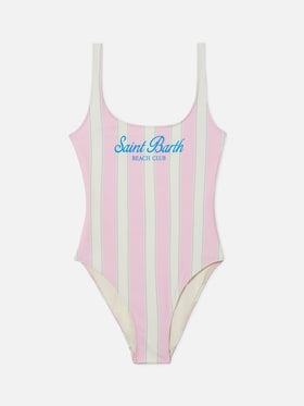Costume intero Lora a righe rosa e panna con stampa Beach Club