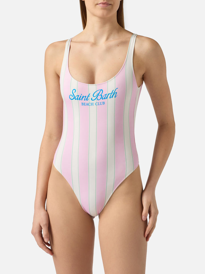 Costume intero Lora a righe rosa e panna con stampa Beach Club