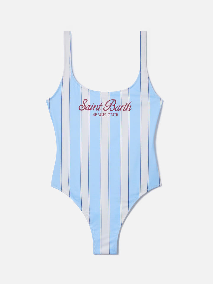 Costume intero Lora a righe azzurre e panna con stampa Beach Club