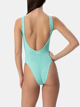 Woman sage green crinkle one piece swimsuit Lora - MC2 Saint Barth