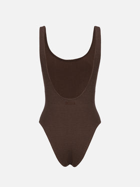Woman brown crinkle one piece swimsuit Lora - MC2 Saint Barth