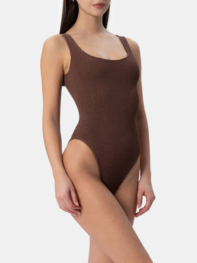 Woman brown crinkle one piece swimsuit Lora - MC2 Saint Barth