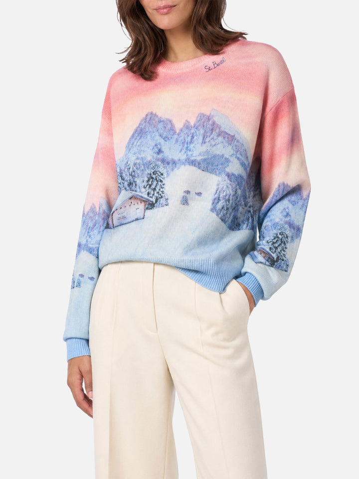 Louise cashmere blend sweater with chalet sunset print