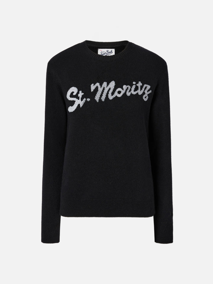 Maglione Louise in cashmere nero con applicazione St. Moritz in strass