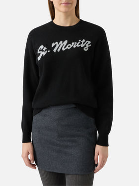Maglione Louise in cashmere nero con applicazione St. Moritz in strass