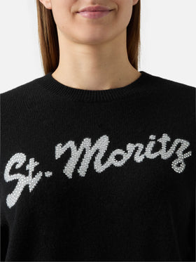 Maglione Louise in cashmere nero con applicazione St. Moritz in strass