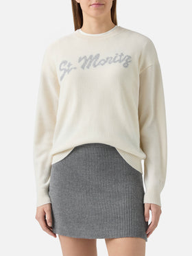 Maglione Louise in cashmere bianco con applicazione St. Moritz in strass