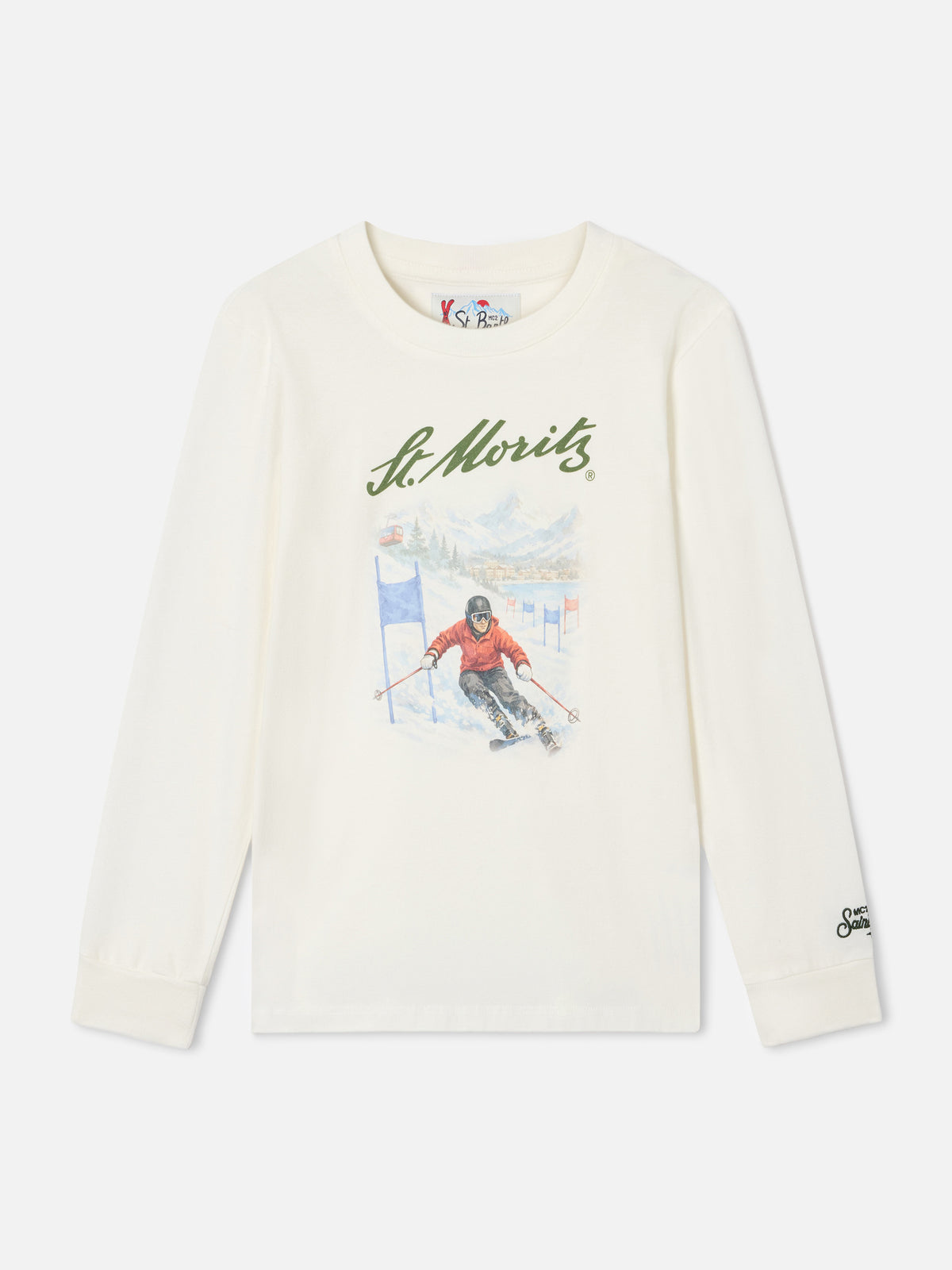 White Luton organic cotton long sleeve t-shirt with St. Moritz print | Special edition