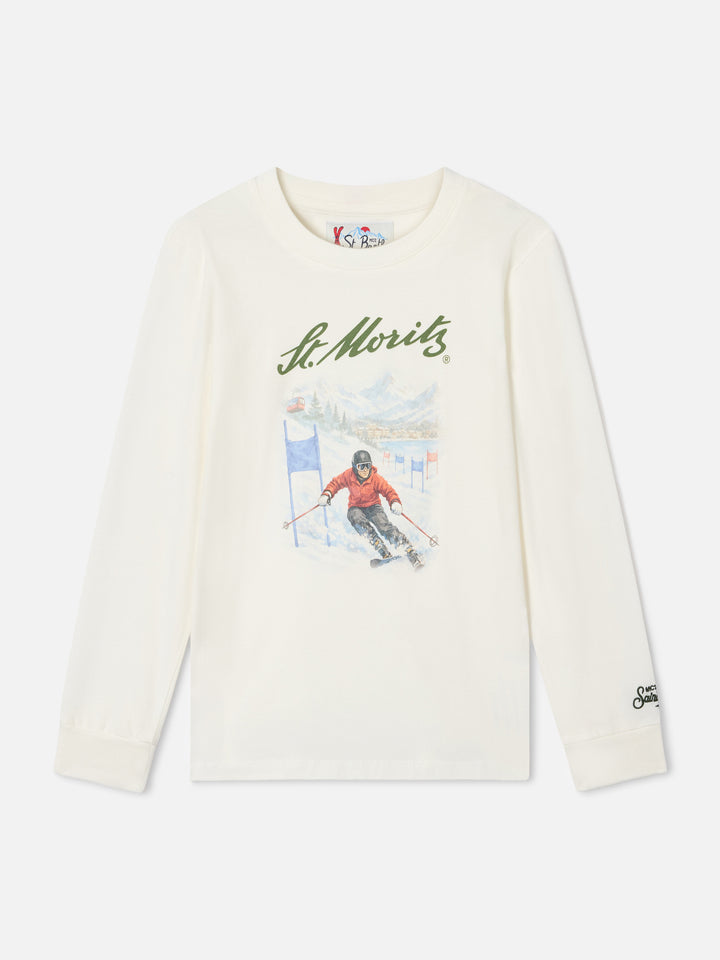 Weißes Langarm-T-Shirt aus Bio-Baumwolle in Luton mit St. Moritz-Print | Special edition 