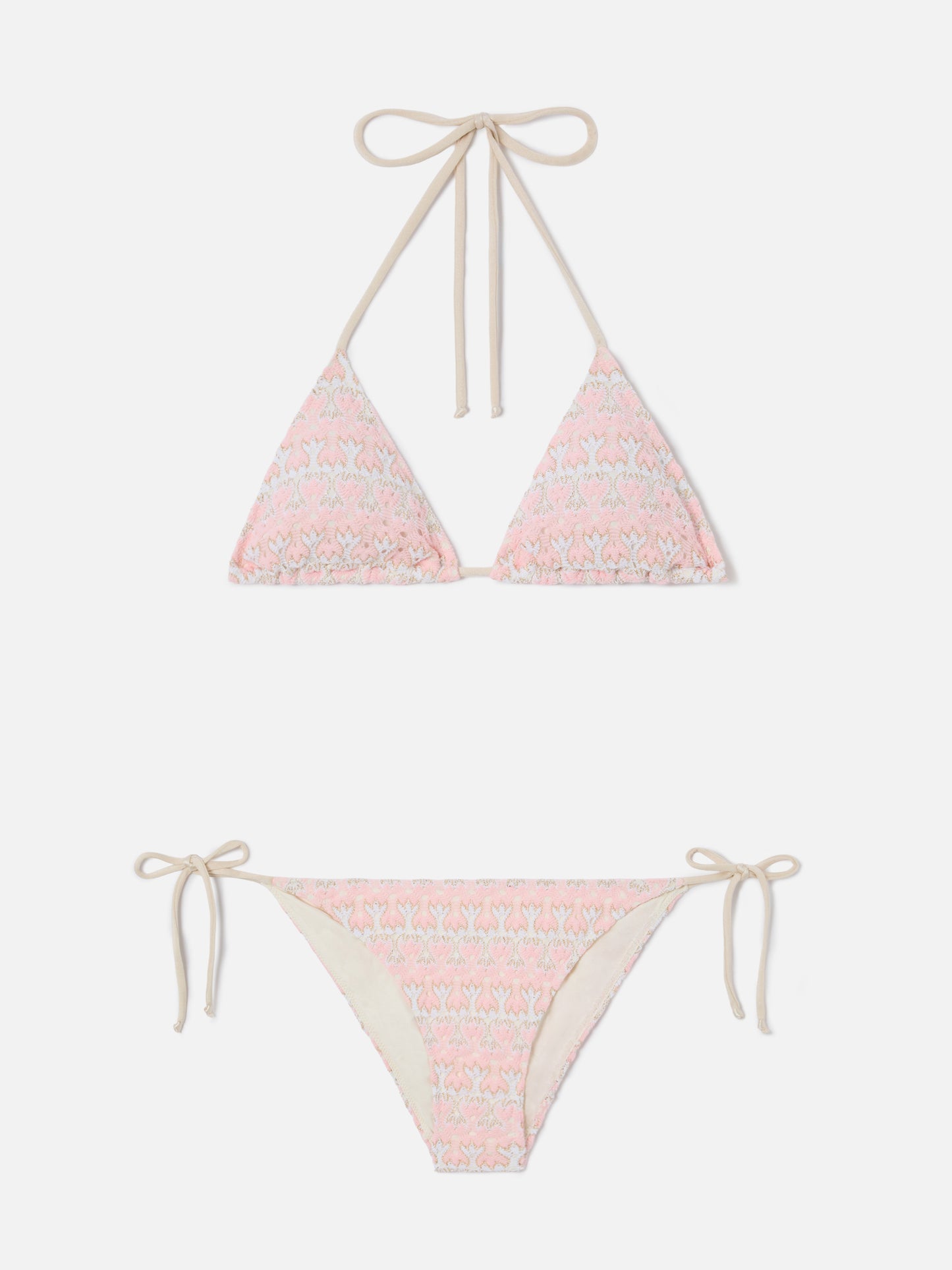 Bikini Levyne triangle in raschel fabric with pink and cream floral print