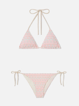 Bikini Levyne triangle in raschel fabric with pink and cream floral print