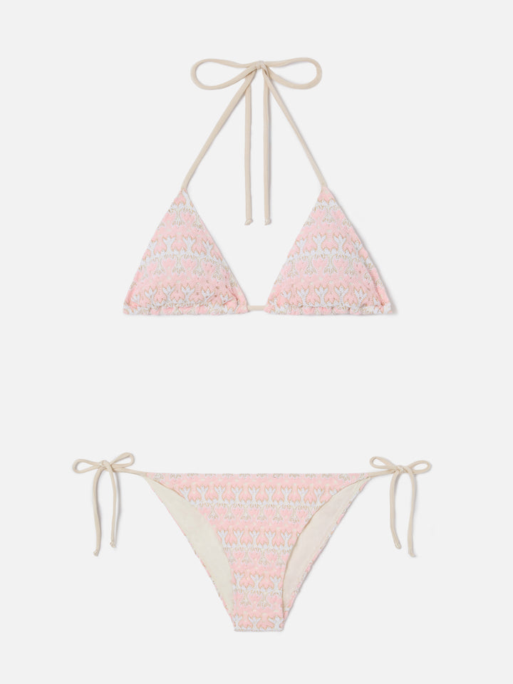 Bikini Levyne triangle in raschel fabric with pink and cream floral print