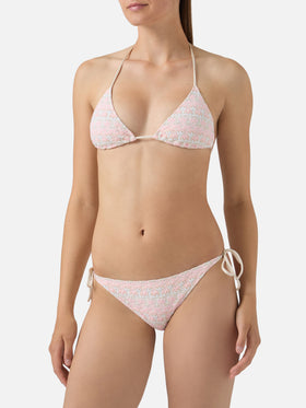 Bikini Levyne triangle in raschel fabric with pink and cream floral print